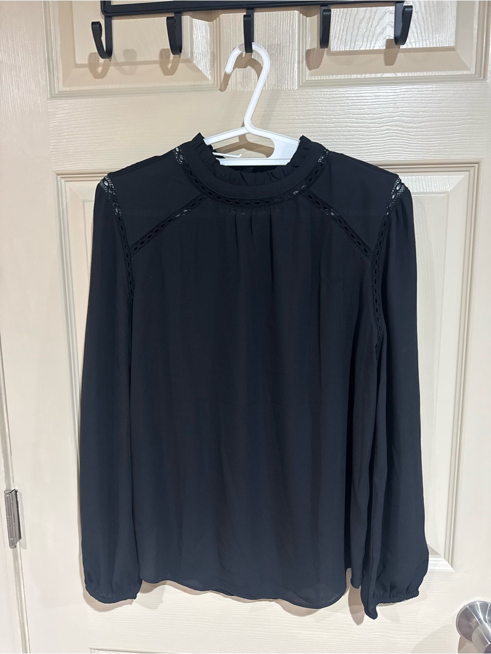 LOFT Black Long-Sleeve Lace-Trim Blouse